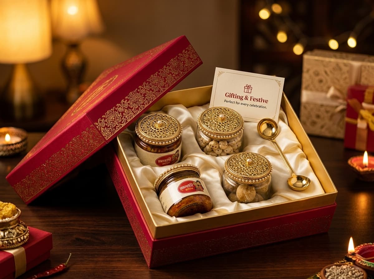 Artisanal royal red festive gift hamper with handcrafted pickles and gourmet sweets