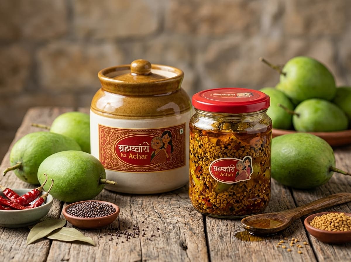 Authentic sun-cured Indian mango and red chilli achar in traditional ceramic martaban jar
