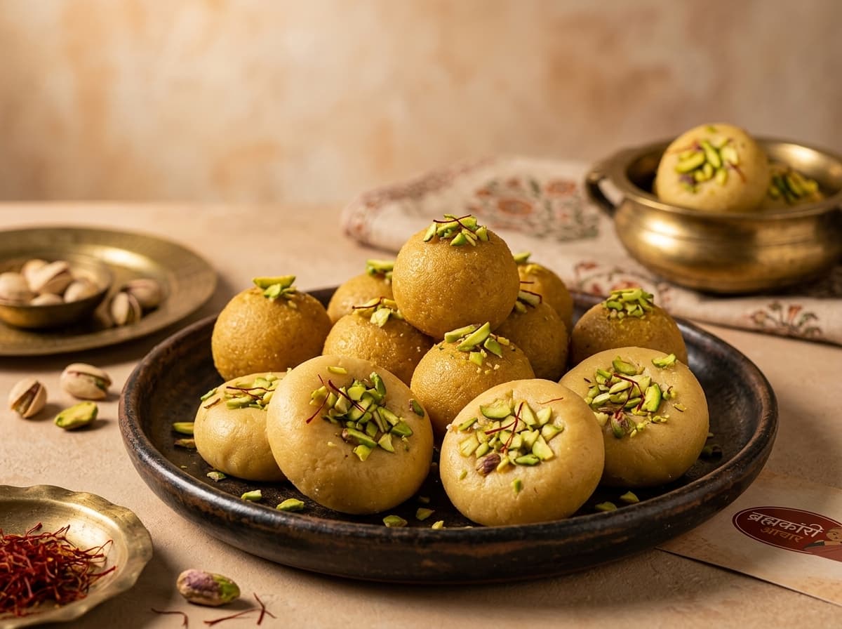 Handcrafted pure cow ghee Indian mithai, besan ladoos and pedas with saffron and pistachios